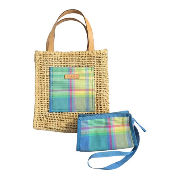 Vintage Ralph Lauren Small Woven Straw Tote Bag & Madras Plaid Print w/ Pouch - Picture 1 of 16